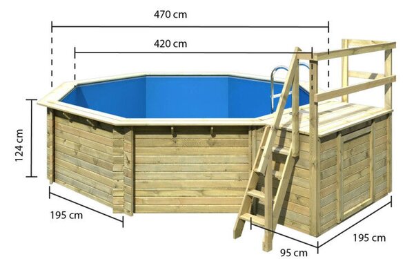 Karibu „2-es medence modell” fából (nyomáskezelt) 4,3x4,3 m kis terasszal