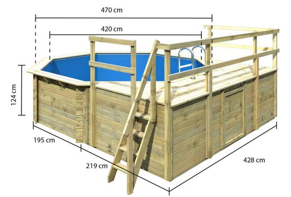 Karibu „2-es medence modell” fából (nyomáskezelt) 4,3x4,3 m nagy terasszal