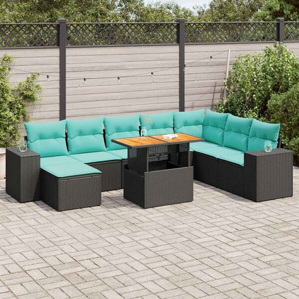 VidaXL 9 részes fekete polyrattan kerti ülőgarnitúra párnákkal