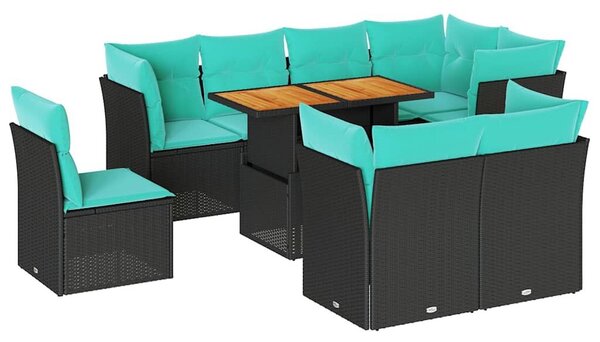 VidaXL 9 részes fekete polyrattan kerti ülőgarnitúra párnákkal
