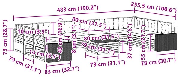 VidaXL Ülőgarnitúrák párnával 11 pcs Tömör Akácfa