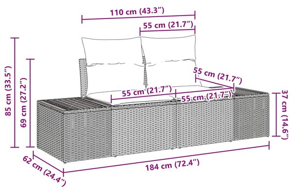 VidaXL Kanapé Szett párnával 3 pcs Barna polirattan