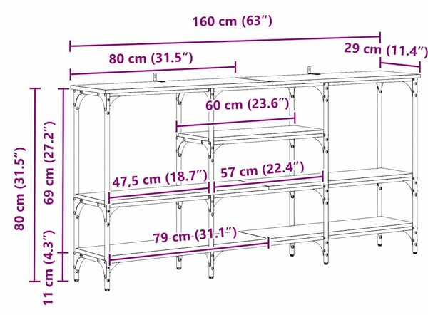 Konzolasztal polcokkal Musta tammi 160 x 29 x 80 cm Faanyag