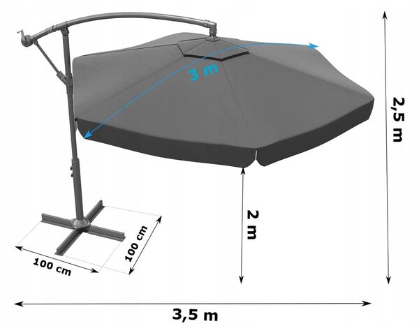 Oldalágas, dőlthető kerti napernyő, 160 g/m² poliészter vászon, védőhuzattal, 300 cm, szürke