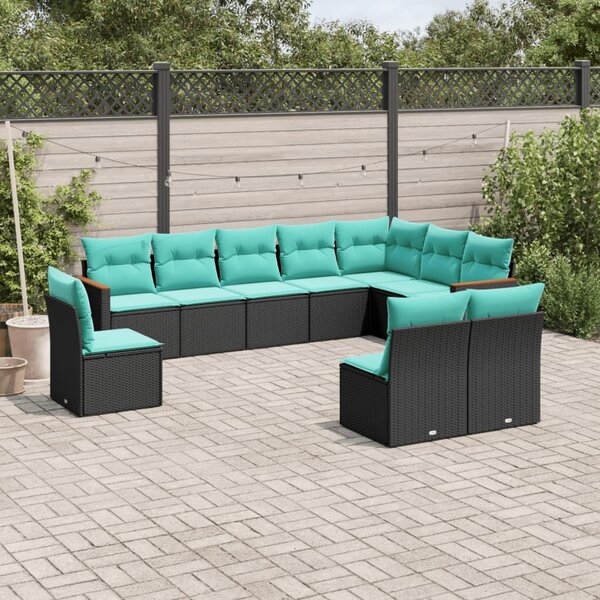 VidaXL 10 db fekete polyrattan kerti kanapégarnitúra párnákkal