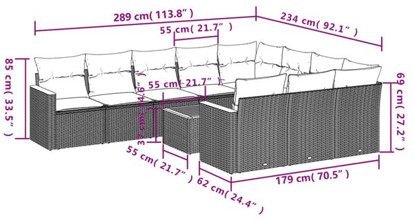 VidaXL 11 db szürke polyrattan kerti kanapégarnitúra párnákkal
