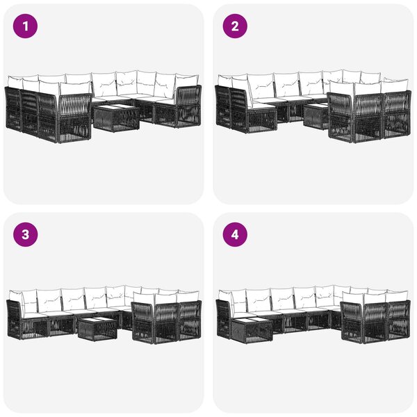 VidaXL Kerti Kanapé Szett 10 pcs Fekete polirattan