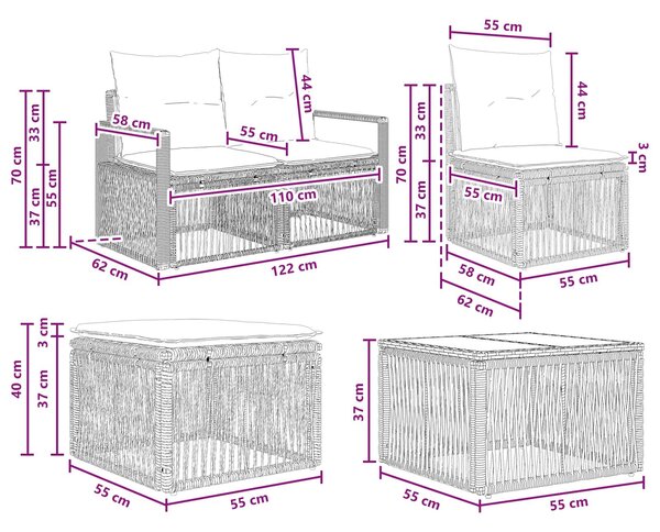 VidaXL Kerti Kanapé Szett 10 pcs Fekete polirattan