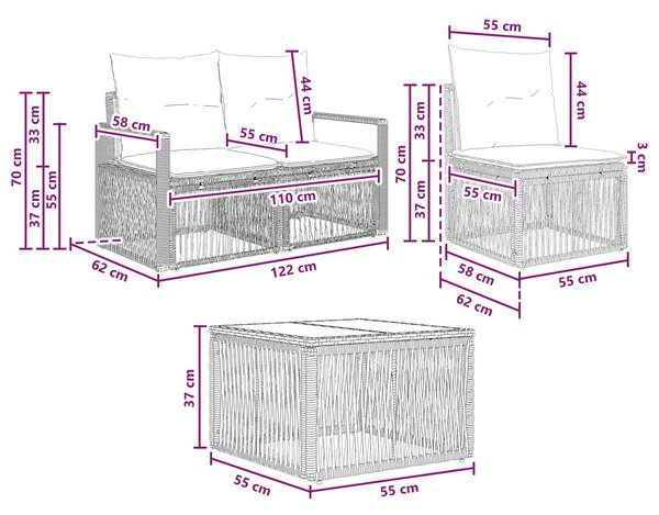 VidaXL Kerti Kanapé Szett 4 pcs Fekete polirattan