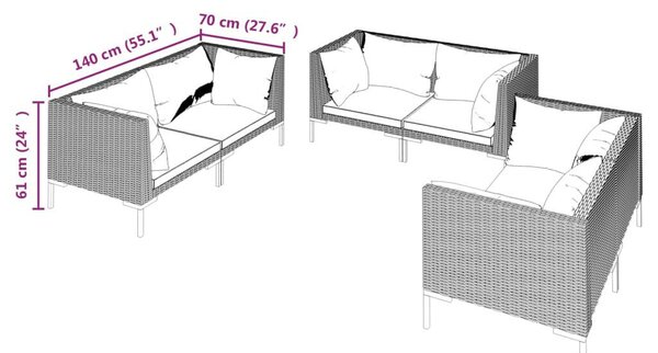 6 részes sötétszürke polyrattan kerti bútorszett párnákkal