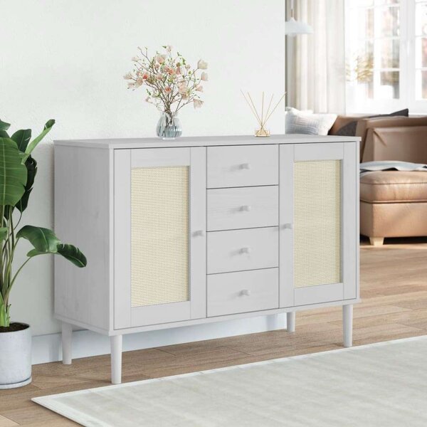 VidaXL SENJA Fenyőfa Tálalószekrény - Fehér - Rattan - 112x40x80 cm