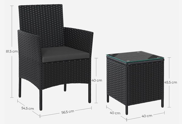 2 személyes kerti bútorszett, 2 székkel és üveglapos asztallal, PE rattanból, fekete és szürke színben