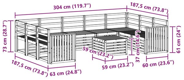 VidaXL Kültéri kanapé szett 10 pcs Fehér 59 x 59 x 37 cm Tömör Akácfa