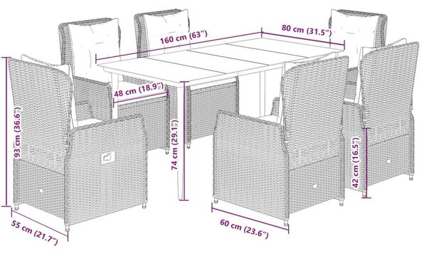 VidaXL 7 részes barna polyrattan kerti étkezőgarnitúra párnával