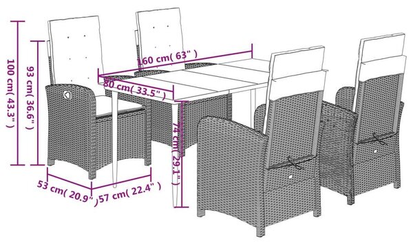 VidaXL 5-részes barna polyrattan kerti étkezőgarnitúra párnákkal