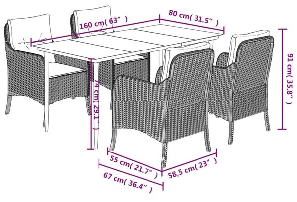 VidaXL 5 részes fekete polyrattan kerti étkezőgarnitúra párnákkal