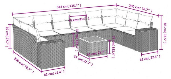 VidaXL Polyrattan Kerti Ülőgarnitúra - 11 részes - Fekete