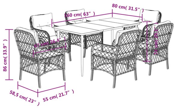 VidaXL 7 részes fekete polyrattan kerti étkezőgarnitúra párnával
