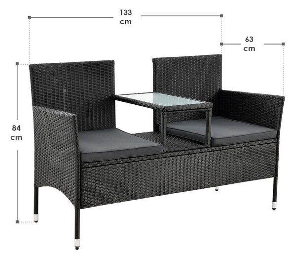 Monaco 2 személyes polyrattan kerti pad asztallal fekete-szürke 200163