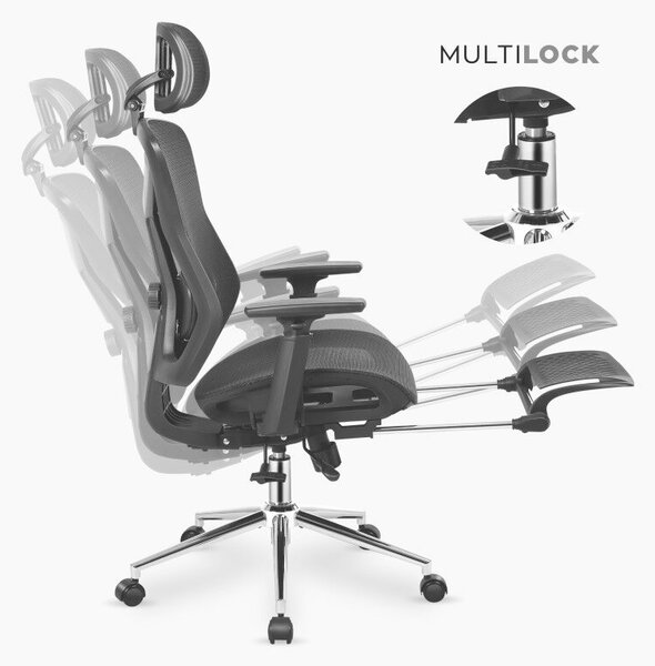 Ergonomikus irodai szék állítható magasságú, fejtámla és háttámla, lábtartó, fekete