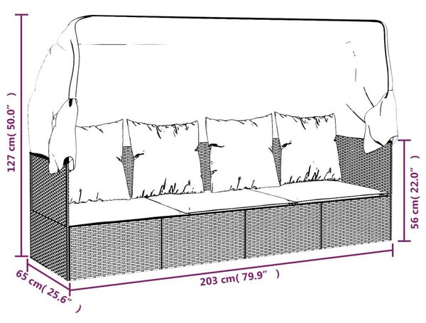 Polyrattan Kültéri Kanapé - Fekete - 203x58x56 cm