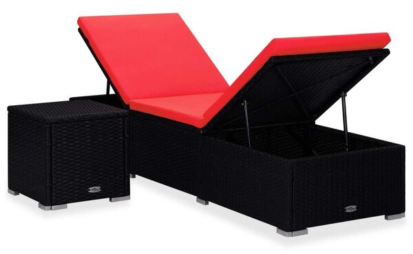 VidaXL Napozóágy Szett - Fekete Polirattan - Piros Párna - 195cm