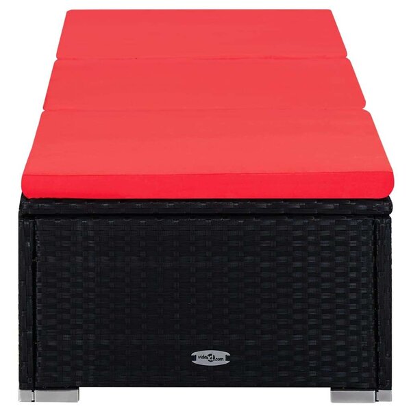 VidaXL Napozóágy Szett - Fekete Polirattan - Piros Párna - 195cm