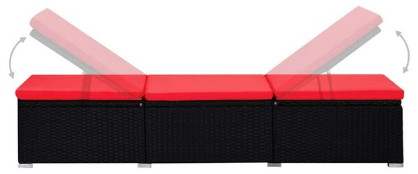 VidaXL Napozóágy Szett - Fekete Polirattan - Piros Párna - 195cm