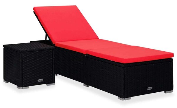 VidaXL Napozóágy Szett - Fekete Polirattan - Piros Párna - 195cm