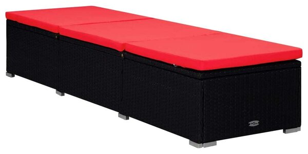 VidaXL Napozóágy Szett - Fekete Polirattan - Piros Párna - 195cm