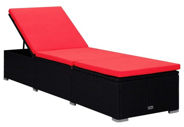 VidaXL Napozóágy Szett - Fekete Polirattan - Piros Párna - 195cm