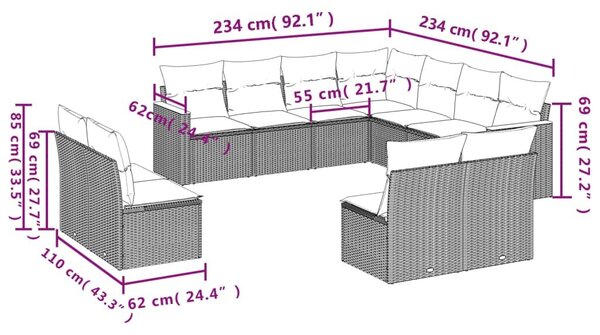 VidaXL 11 db fekete polyrattan kerti kanapégarnitúra párnákkal