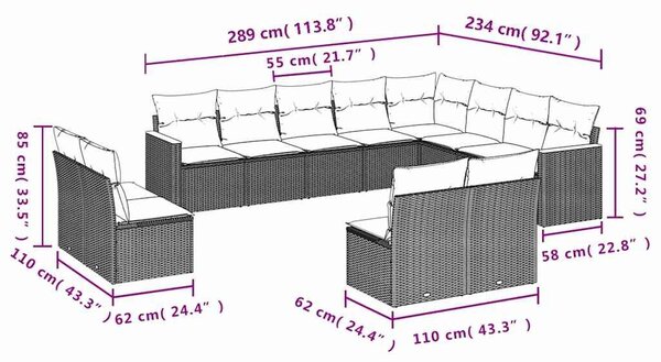 VidaXL 12 db fekete polyrattan kerti kanapégarnitúra párnákkal