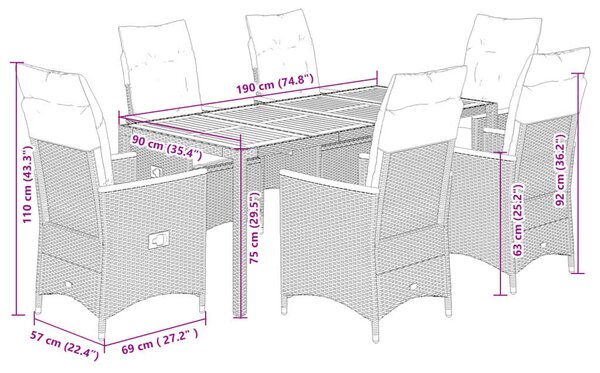 VidaXL Polyrattan Kerti Étkezőgarnitúra - 7 részes - Szürke