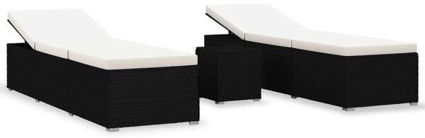 Polyrattan Napozóágy Szett - 2 db Állítható Napozóágy + Asztal - Fekete
