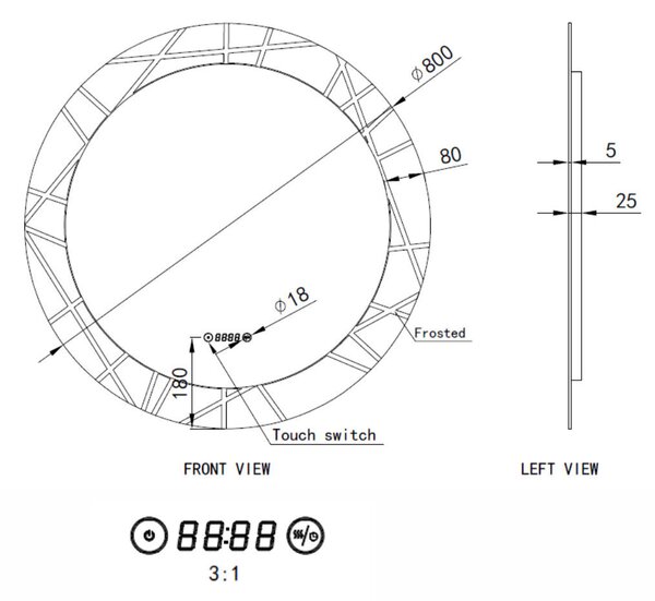 Welland Laser LED tükör - fényerő + színhőfok állítás + páramentesítő + óra - Ø 80 cm