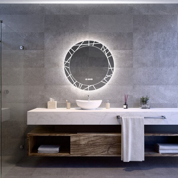 Welland Laser LED tükör - fényerő + színhőfok állítás + páramentesítő + óra - Ø 80 cm