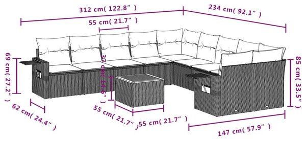 VidaXL 11 db fekete polyrattan kerti kanapégarnitúra párnákkal