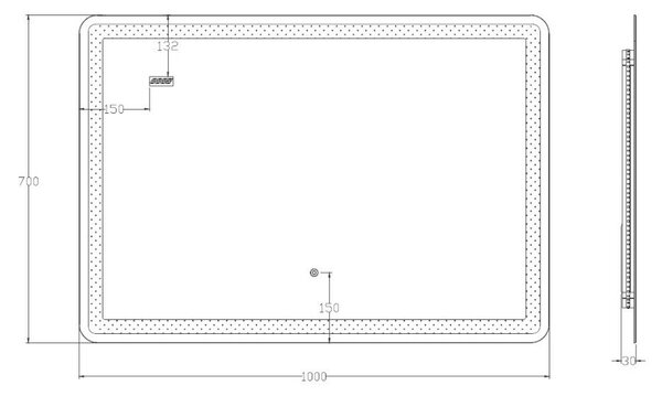 Viva AURA fürdőszoba tükör - érintőkapcsolós - páramenetesítős - órával - LED - FEKVŐ - 100 x 70 cm