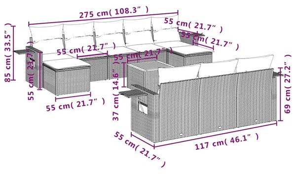 VidaXL 11 db szürke polyrattan kerti kanapégarnitúra párnákkal