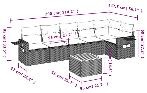 VidaXL 7 db fekete polyrattan kerti kanapégarnitúra párnákkal