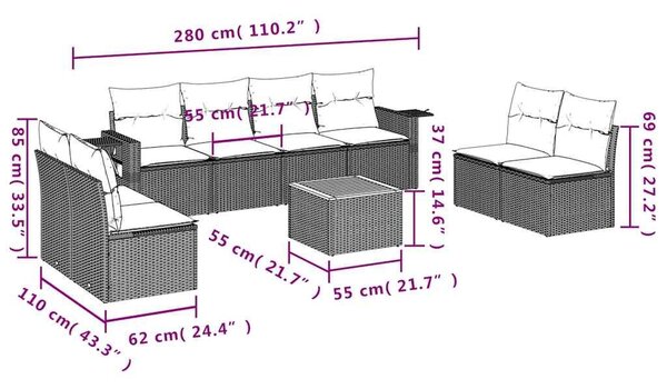 VidaXL 9 db szürke polyrattan kerti kanapégarnitúra párnákkal