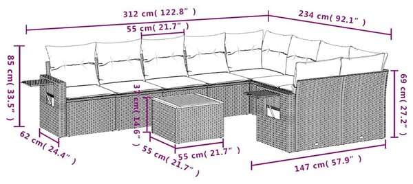 VidaXL 10 db fekete polyrattan kerti kanapégarnitúra párnákkal