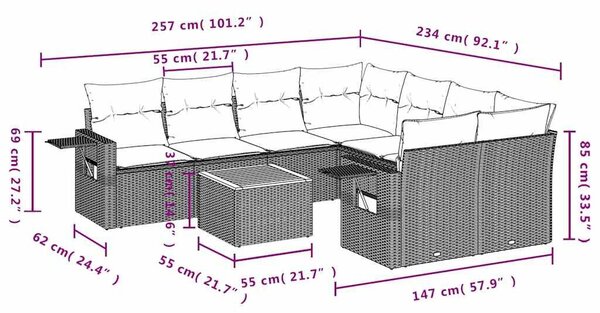VidaXL 9 db fekete polyrattan kerti kanapégarnitúra párnákkal