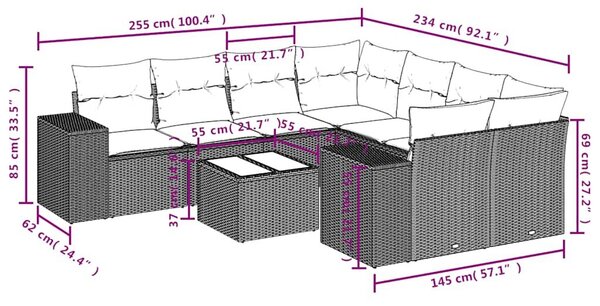 VidaXL 9 db szürke polyrattan kerti kanapégarnitúra párnákkal