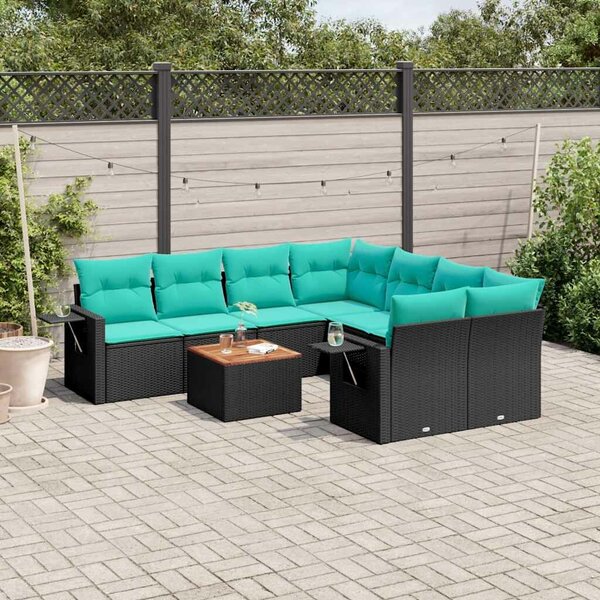 VidaXL 9 db fekete polyrattan kerti kanapégarnitúra párnákkal