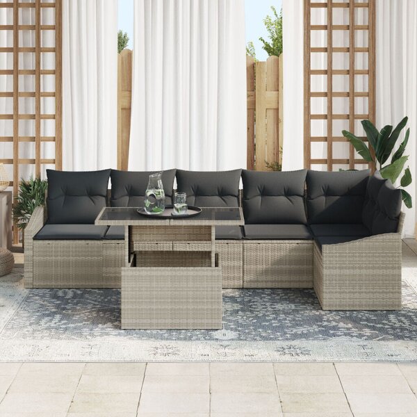 7 darabos Kerti Kanapé Szett Párnákkal Világosszürke Poly Rattan