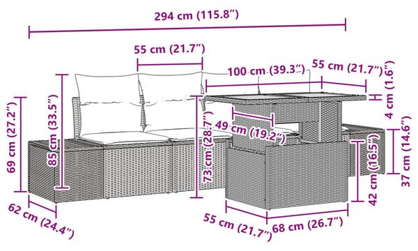 Kert Kanapé Szett 5 részes Fekete Rattan, Szövet