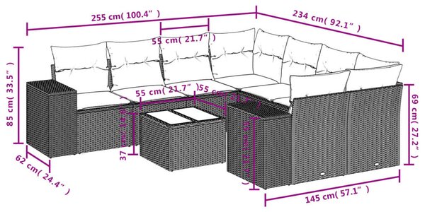 VidaXL 9 részes barna polyrattan kerti ülőgarnitúra párnákkal