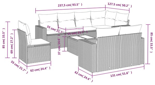 VidaXL Polyrattan Kerti Ülőgarnitúra - 9 részes - Szürke